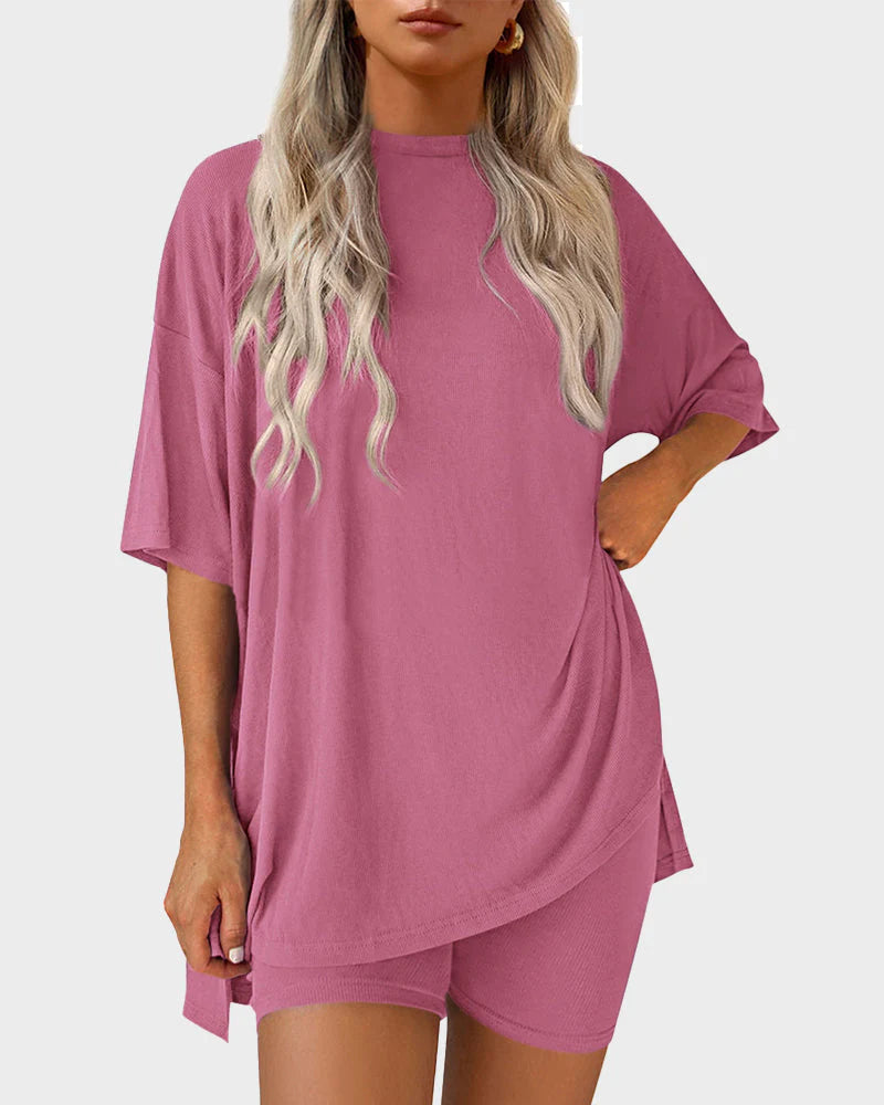 Casual 2-Piece Loungewear Set Oversized Split Hem Top & Fitted Shorts